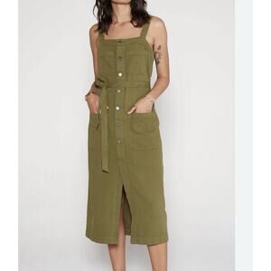Etica Luisa Dress Size S Olive Green Denim Midi Button Front Straps NO TIE BELT